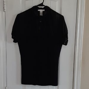 Kenar Black Mixed Media Top - Sheer Beaded Neckline & Solid Knit Body - Size M